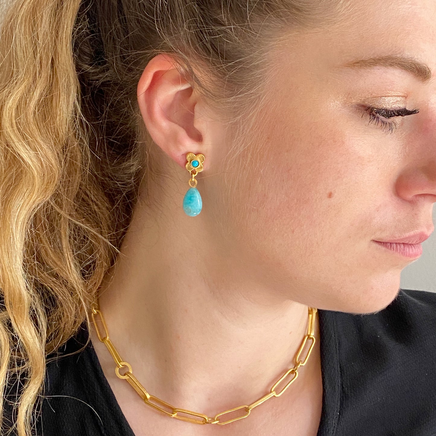 Clover Lapis & Turquoise Silver Earrings
