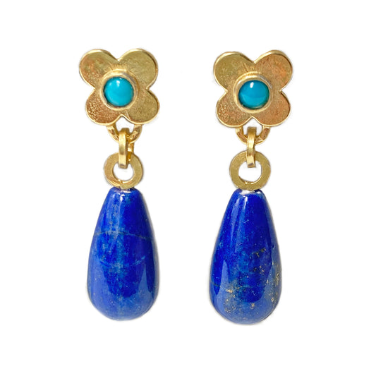 Clover Lapis Turquoise Gold Earrings
