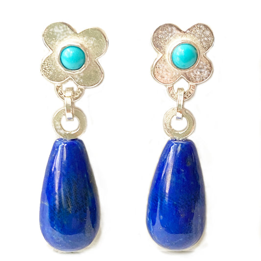 Clover Lapis & Turquoise Silver Earrings