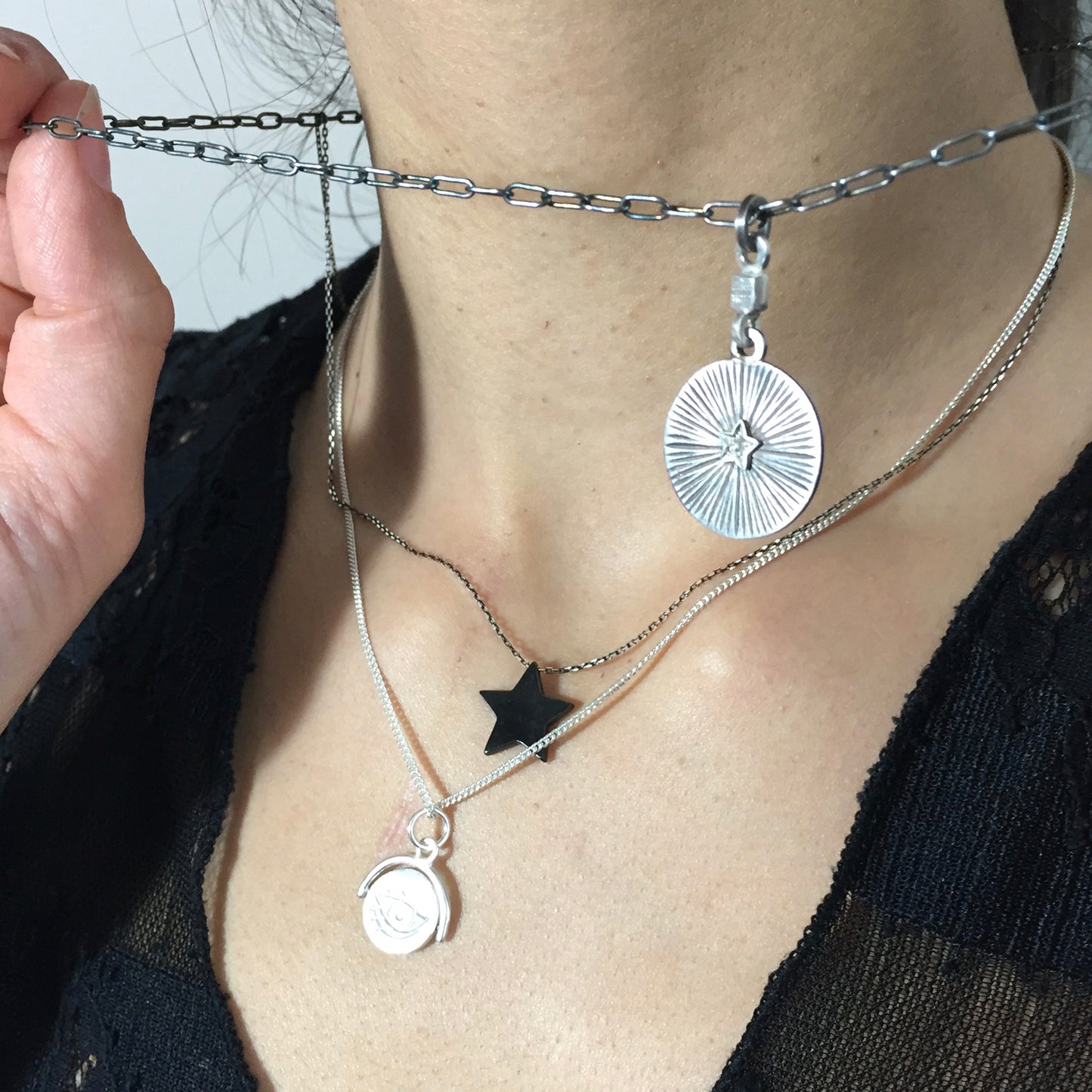 Disc Star & Diamond Oxidised Silver Pendant