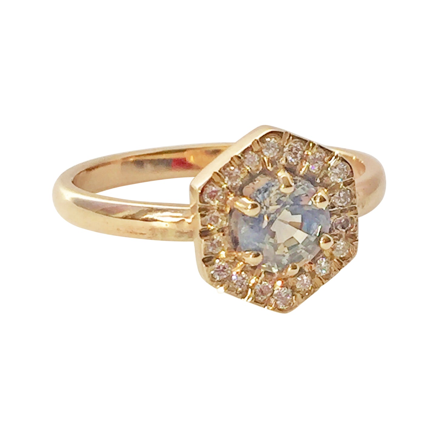 Blue Sapphire and Diamond Hexagonal Ring