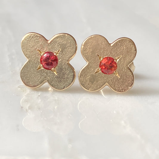 Gold Clover Orange Sapphire Earrings
