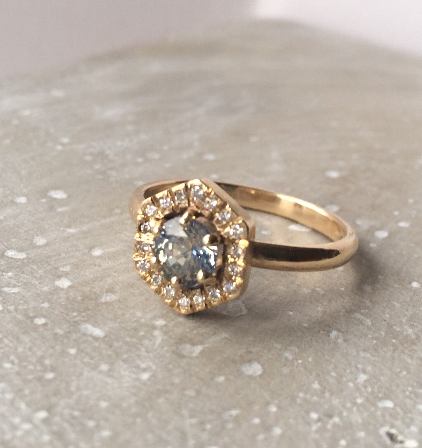 Blue Sapphire and Diamond Hexagonal Ring