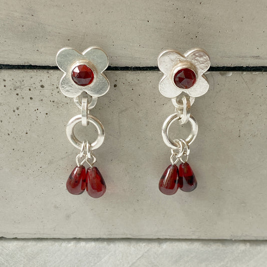 Garnet Clover Silver Earrings