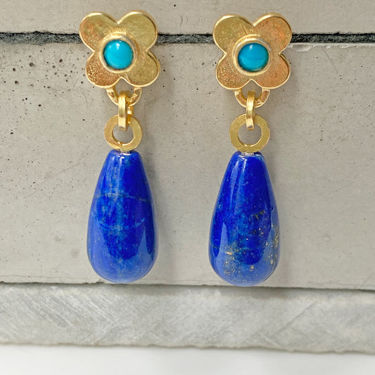 Clover Lapis Turquoise Gold Earrings