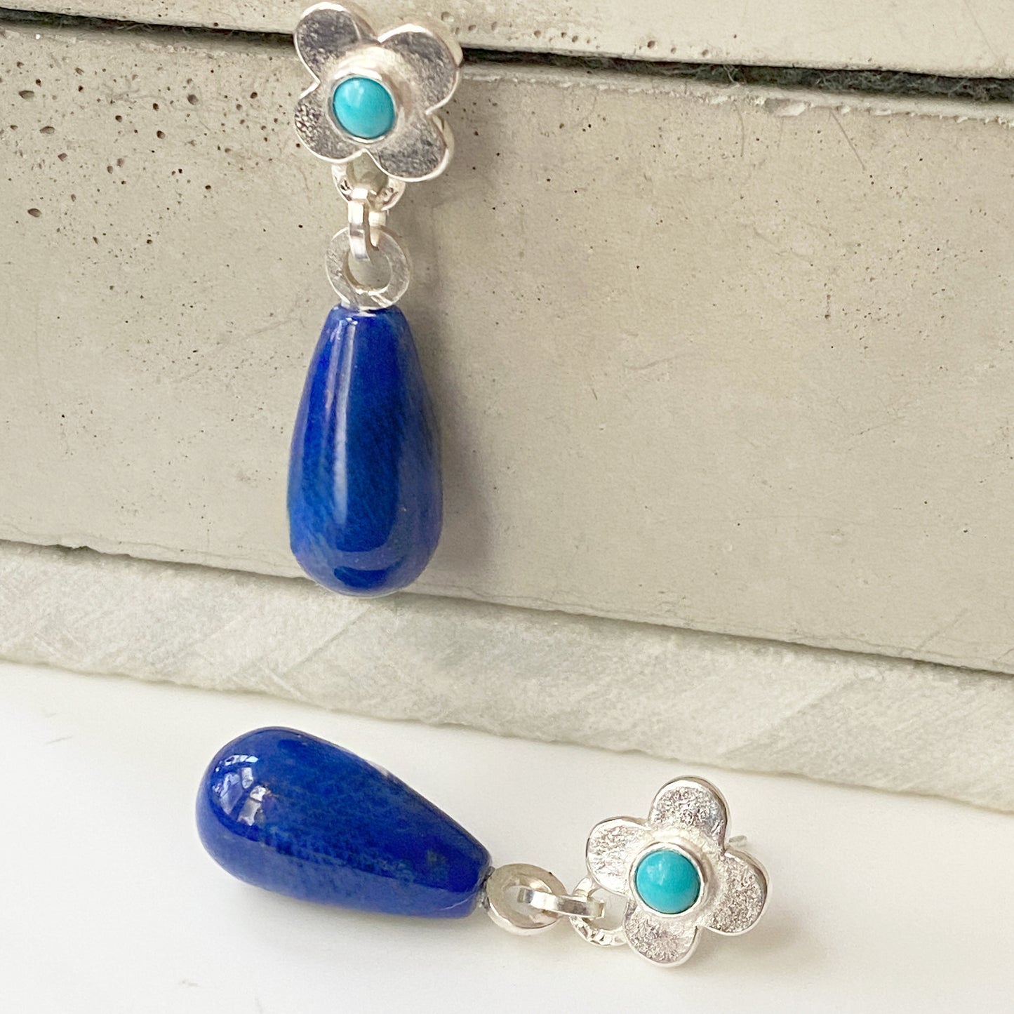 Clover Lapis & Turquoise Silver Earrings
