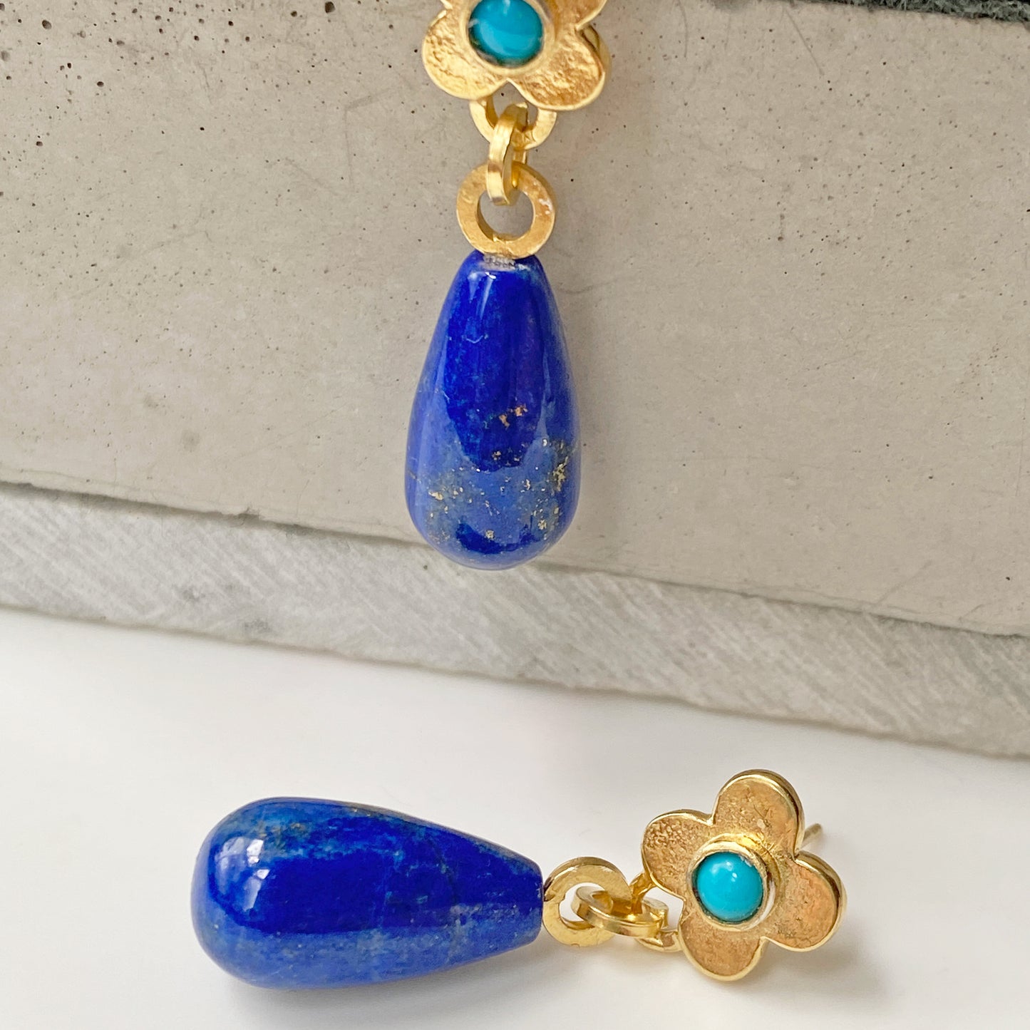 Clover Lapis Turquoise Gold Earrings