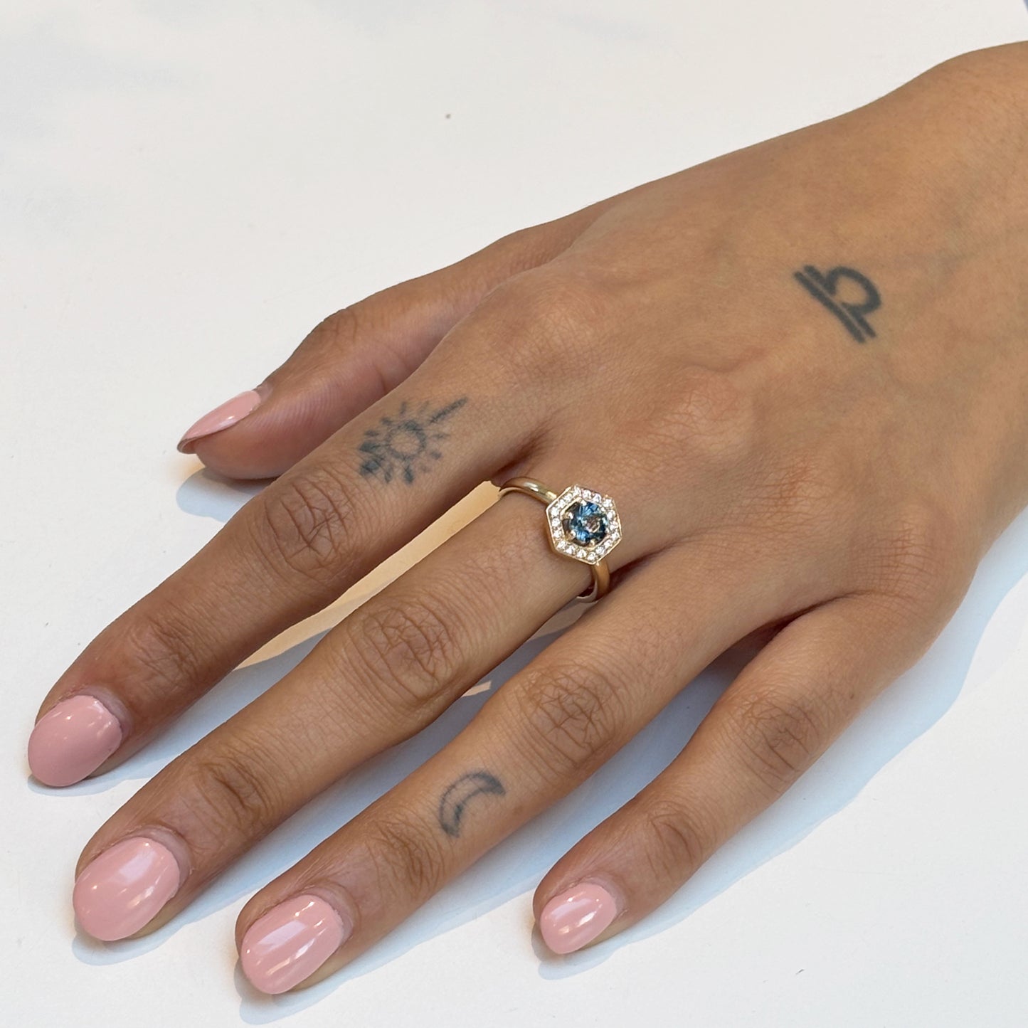 Teal Sapphire & Diamond Hexagonal Gold Ring