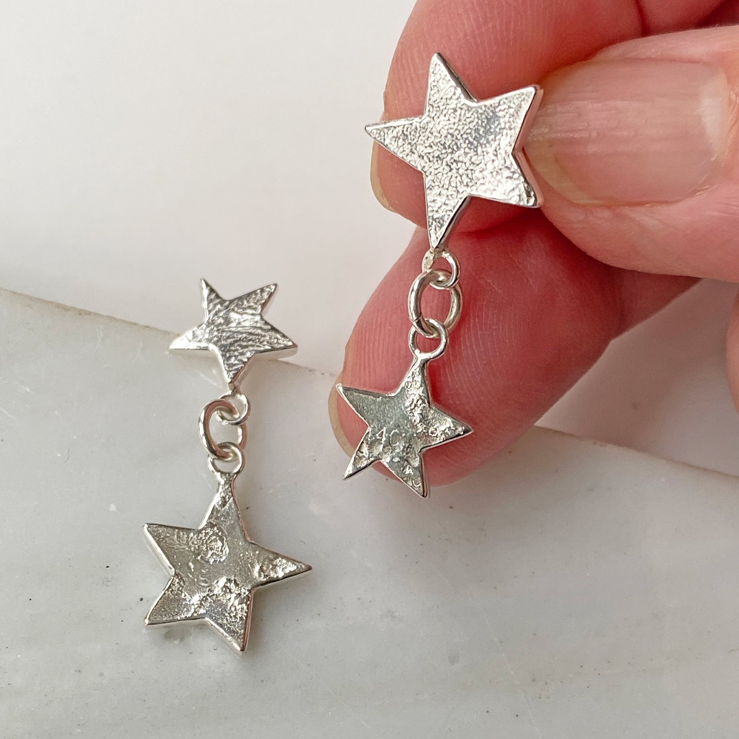 Star Mismatch Drop Silver Earrings