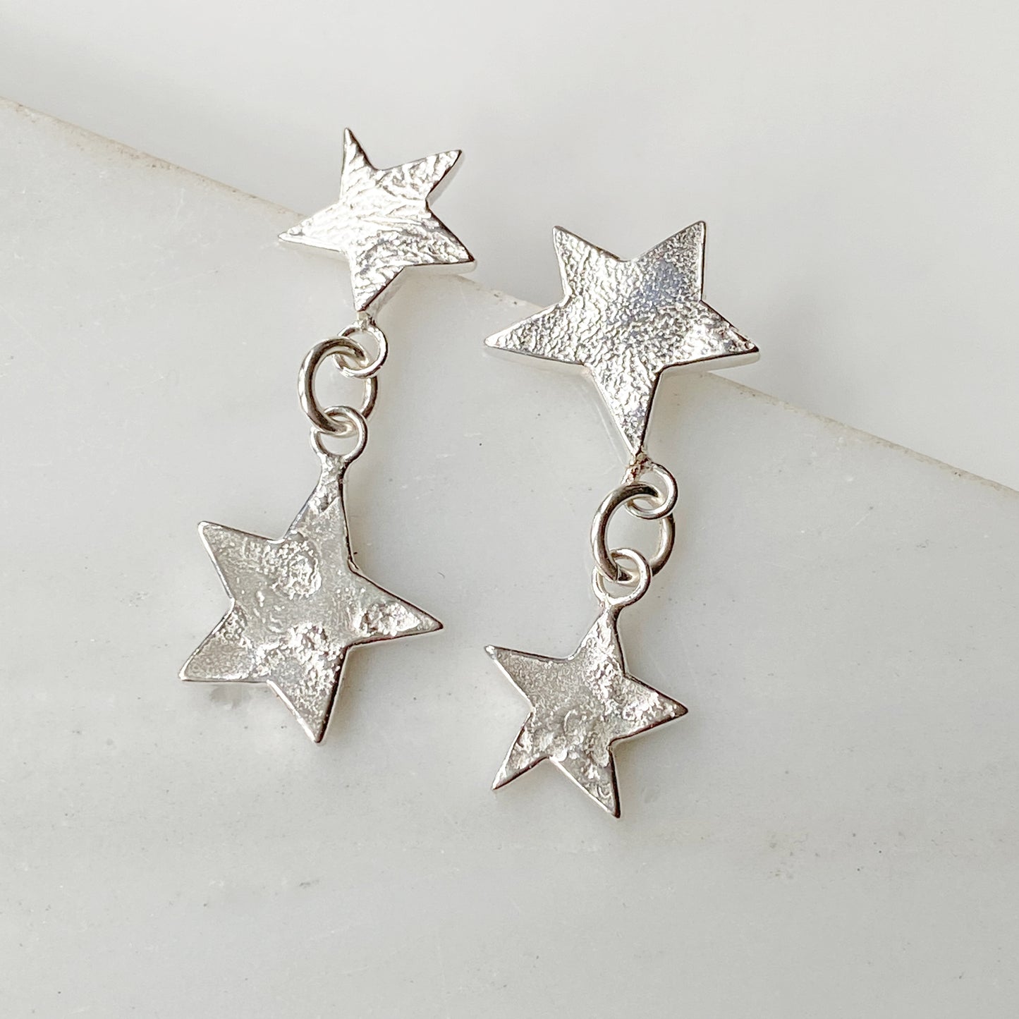 Star Mismatch Drop Silver Earrings