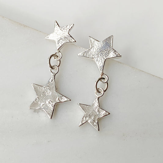 Star Mismatch Drop Silver Earrings