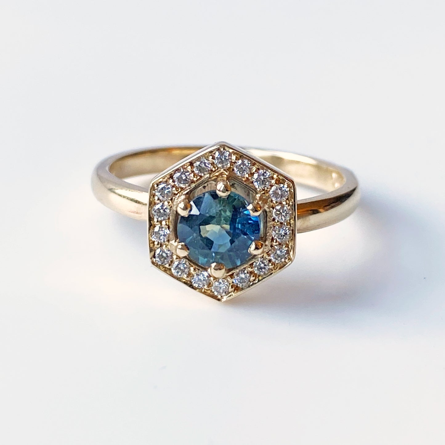 Teal Sapphire & Diamond Hexagonal Gold Ring