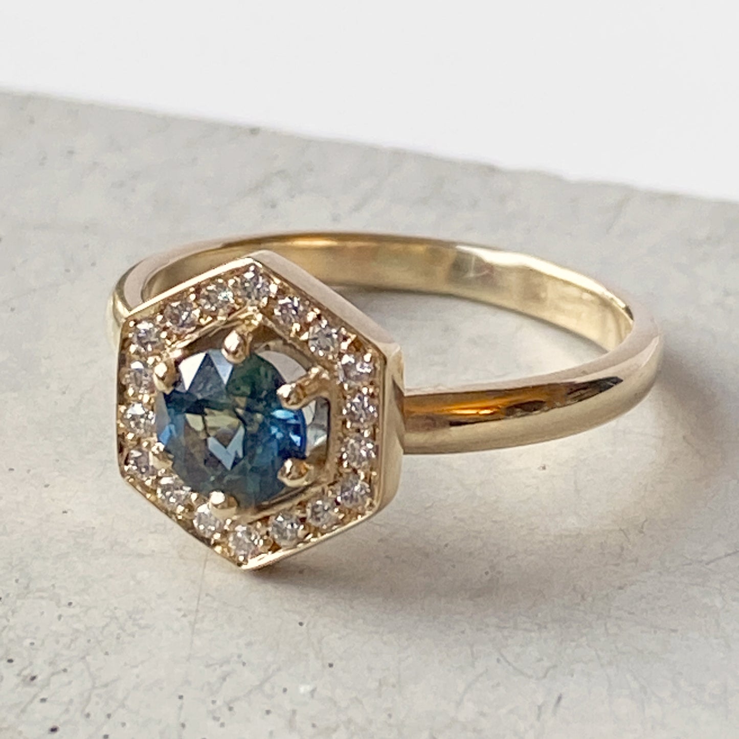 Teal Sapphire & Diamond Hexagonal Gold Ring