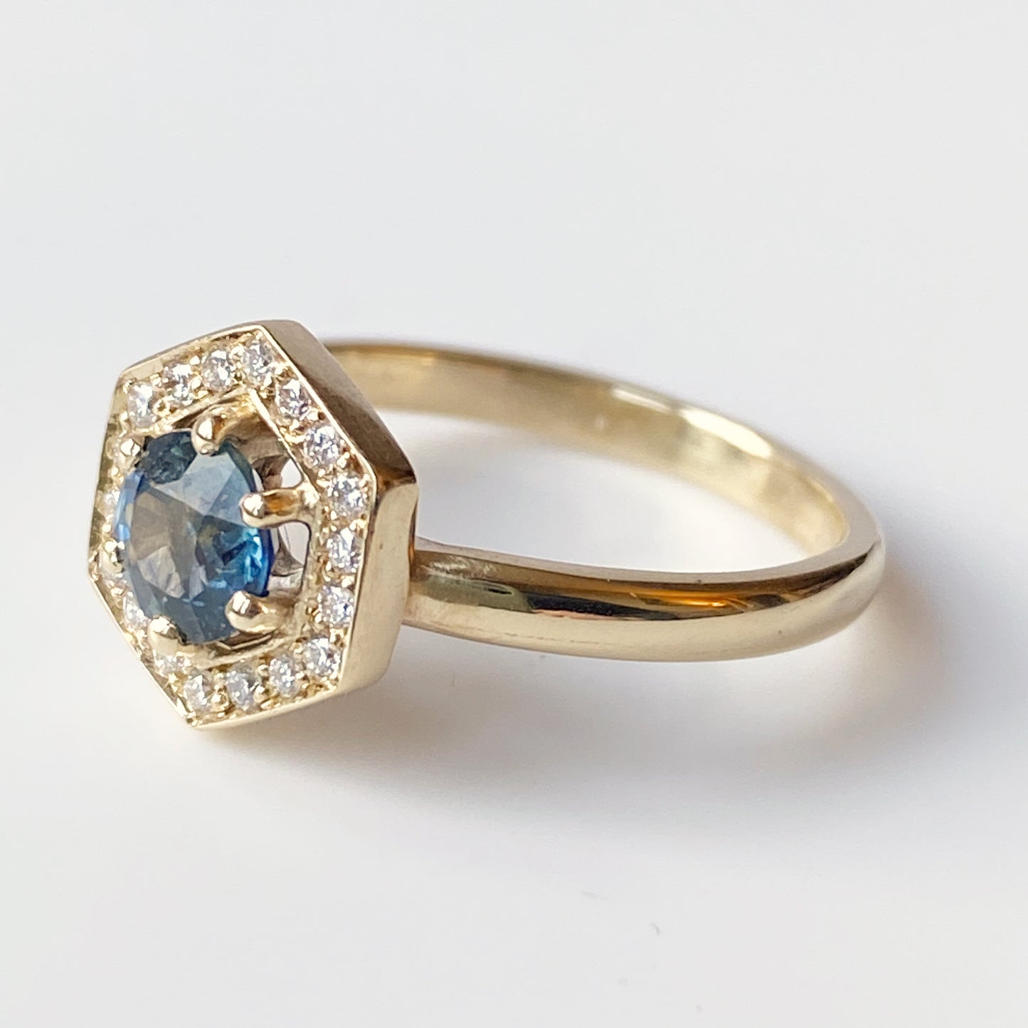 Teal Sapphire & Diamond Hexagonal Gold Ring