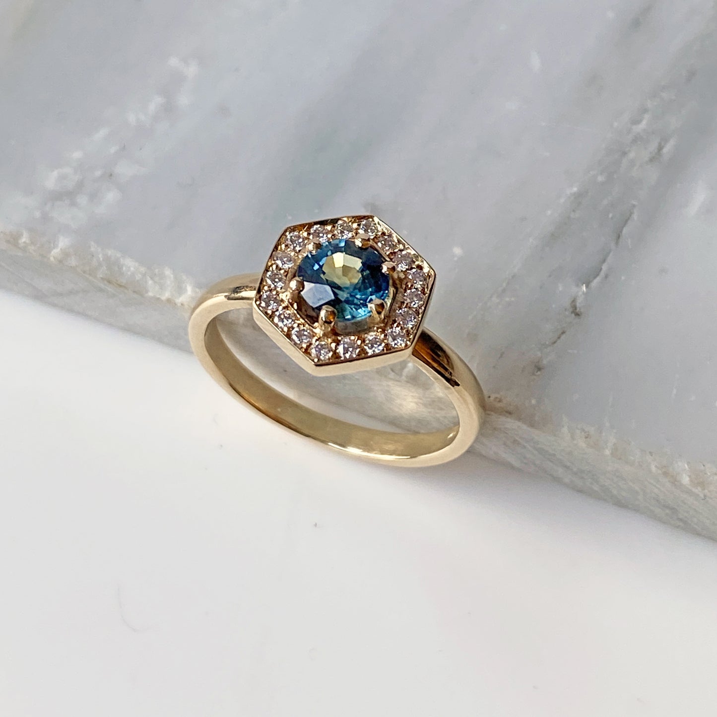 Teal Sapphire & Diamond Hexagonal Gold Ring