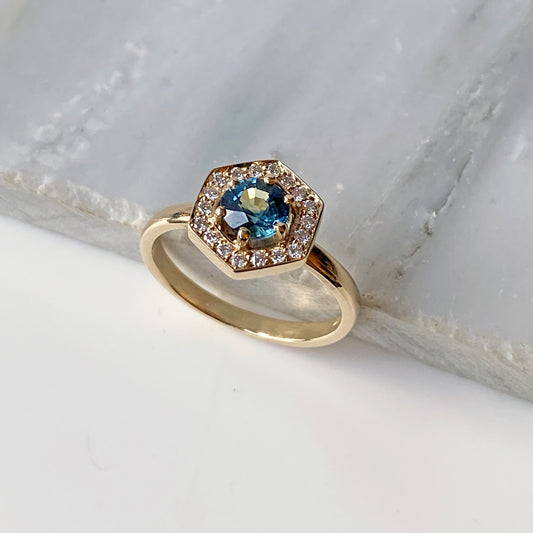 Teal Sapphire & Diamond Hexagonal Gold Ring