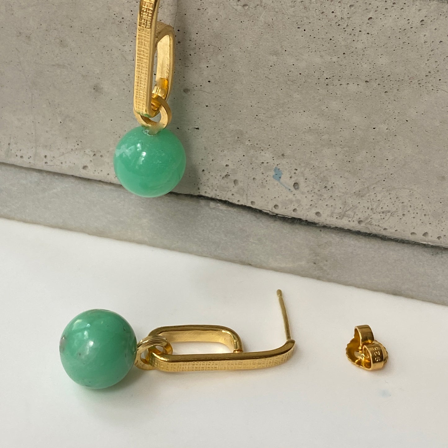 Chrysoprase Textured Drop Gold Earrings