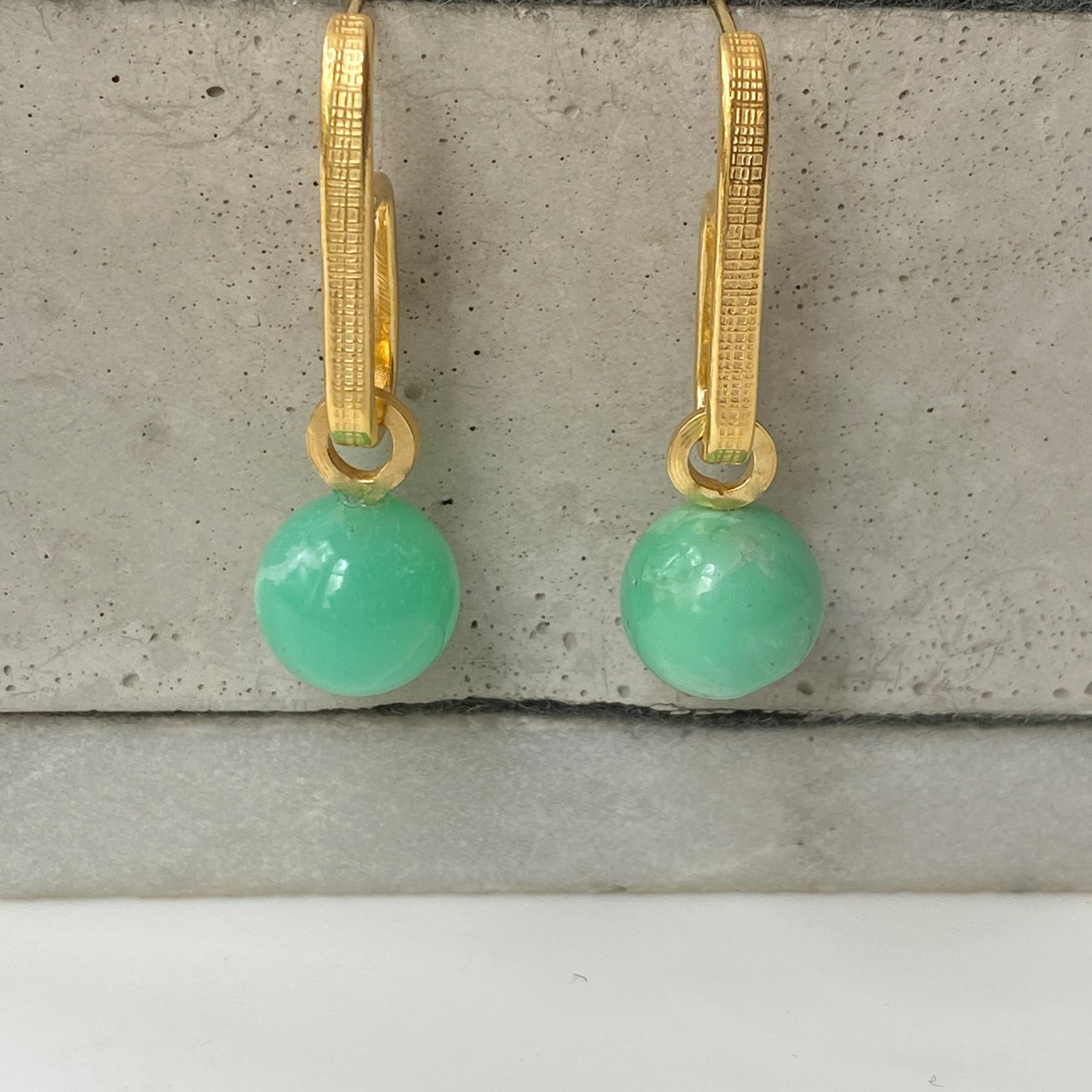 Chrysoprase Textured Drop Gold Earrings