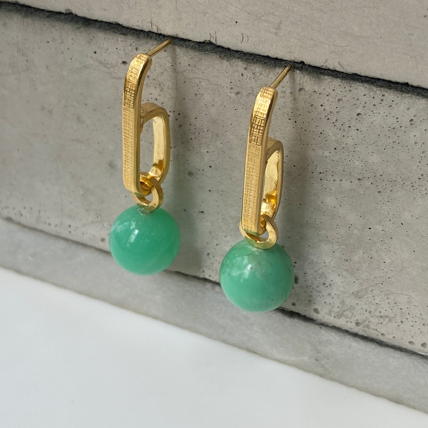 Chrysoprase Textured Drop Gold Earrings