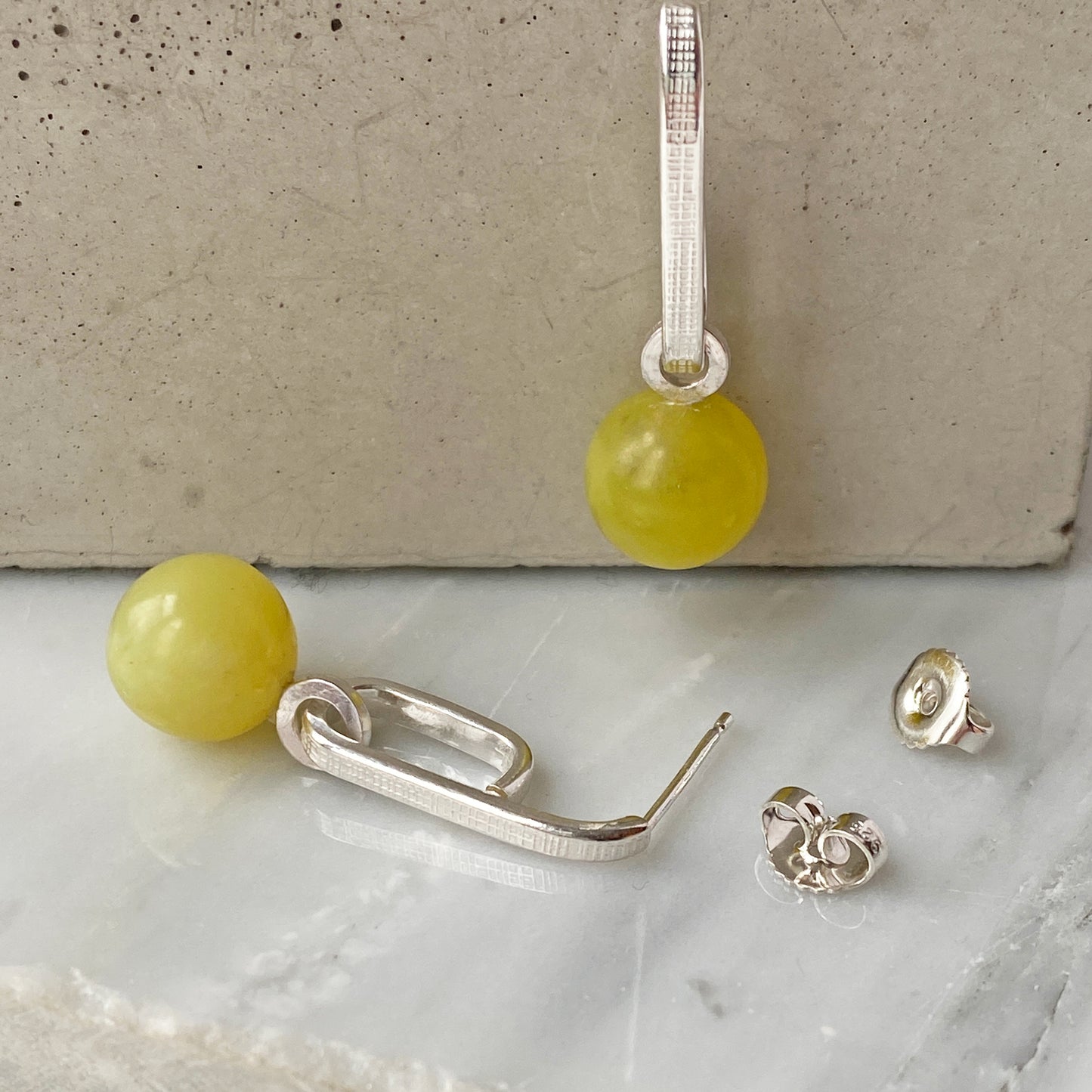 Yellow Jade Drop Silver Earrings