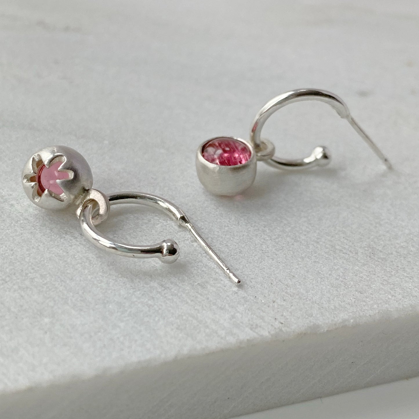 Birthstone Silver Hoops Pink Tourmaline