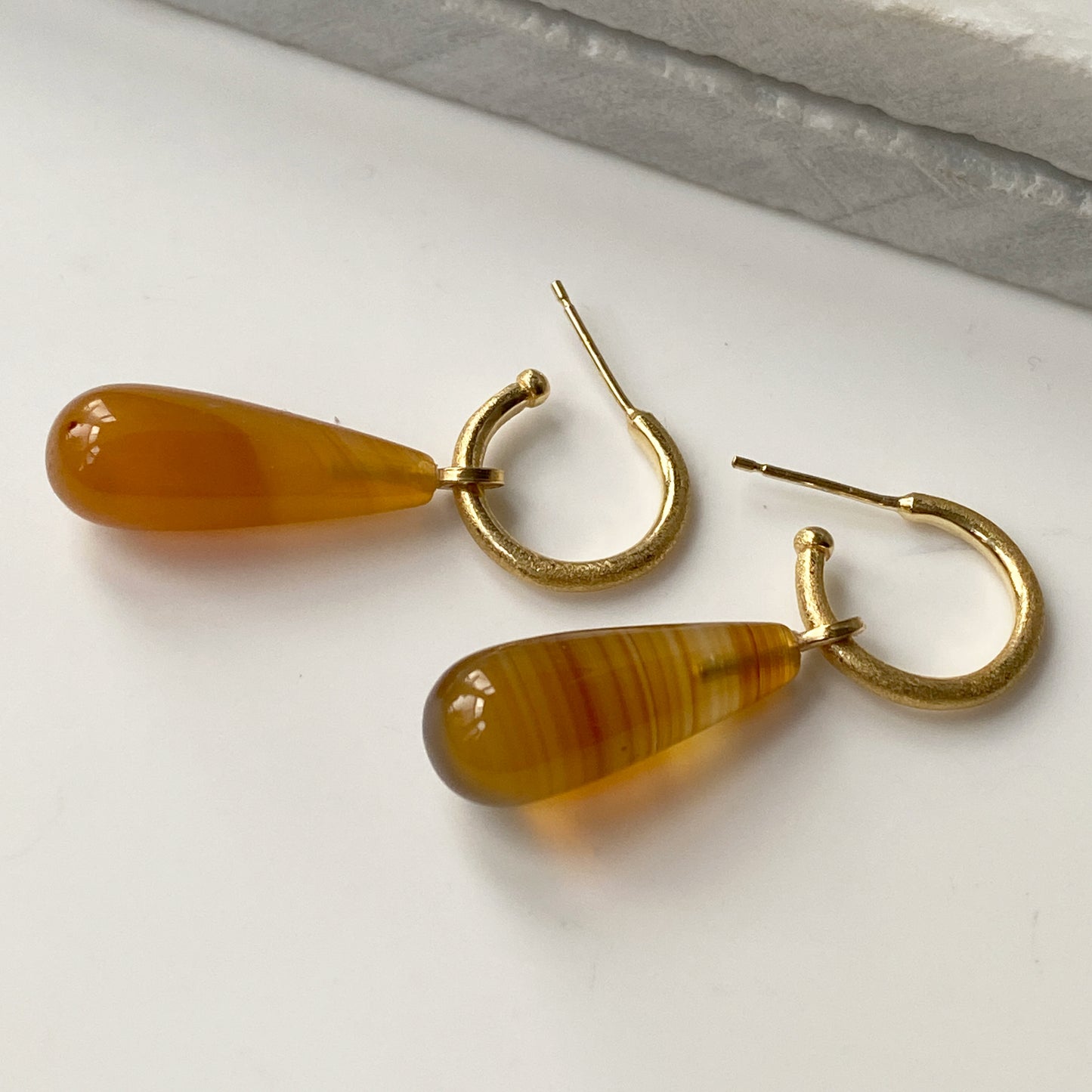 Carnelian Drop Gold Hoops