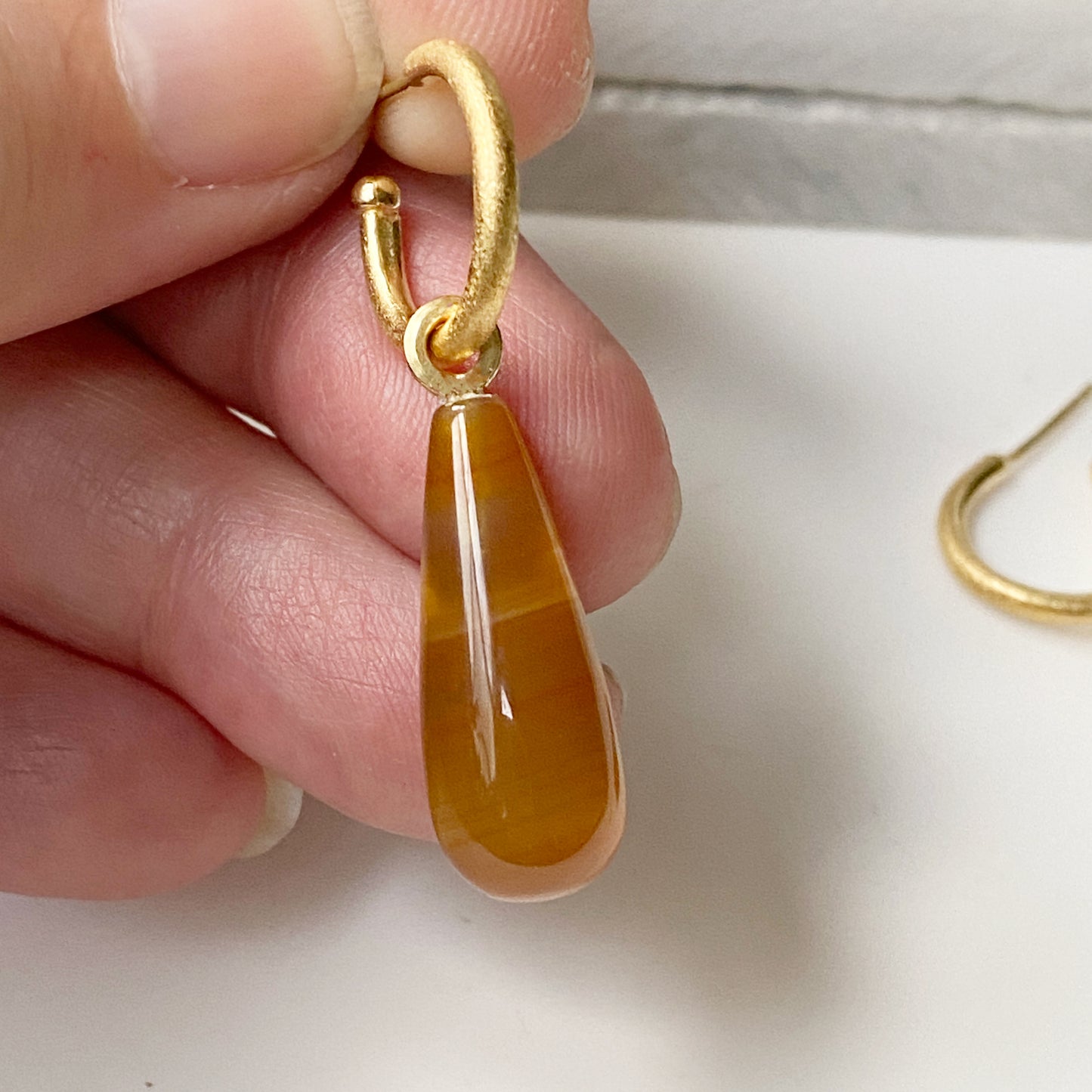 Carnelian Drop Gold Hoops