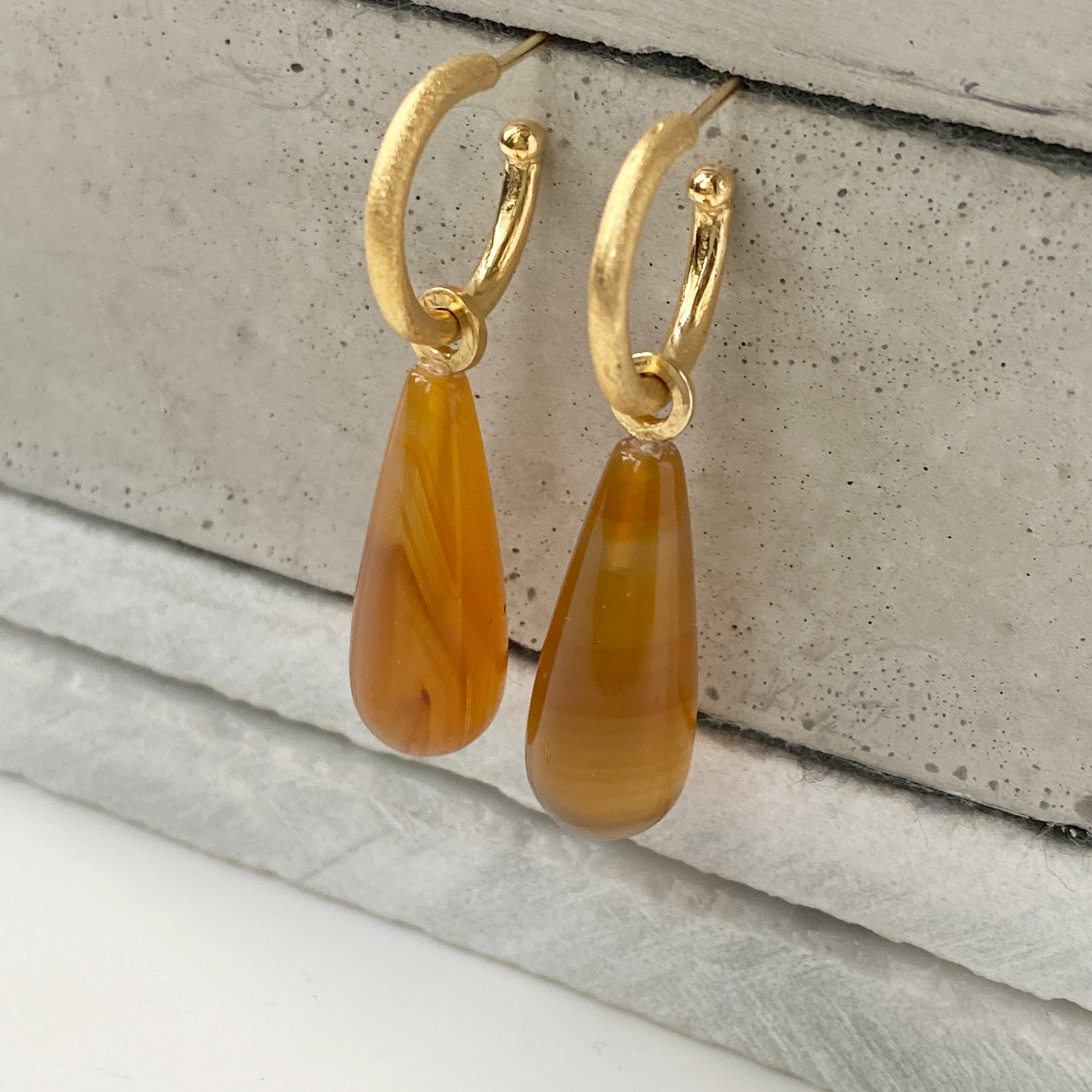 Carnelian Drop Gold Hoops