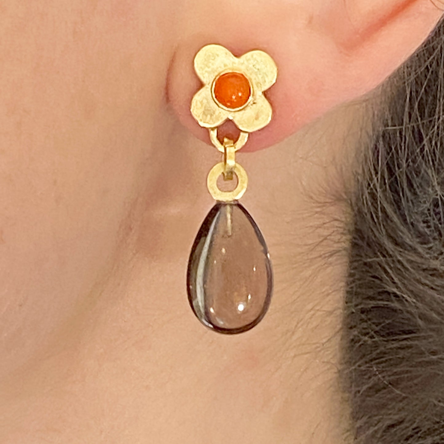 Clover Smokey Quartz Gold Earrings