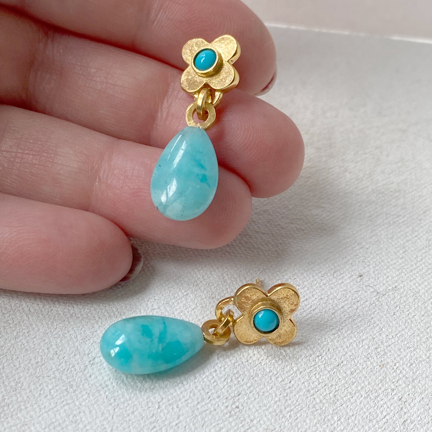 Clover Gold Amazonite and Turquoise Earrings