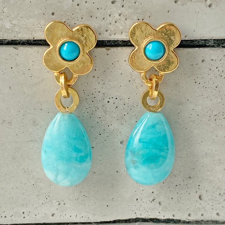 Clover Gold Amazonite and Turquoise Earrings