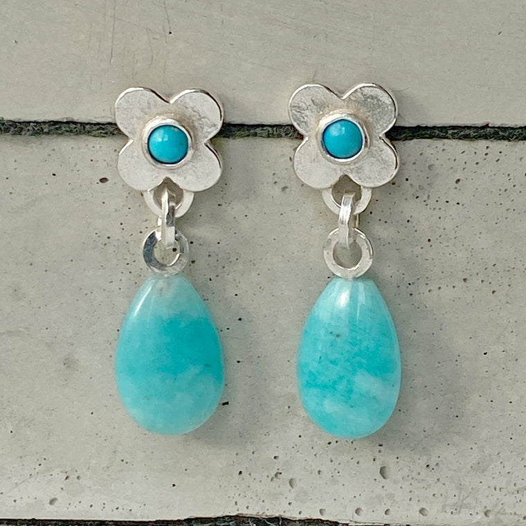 Clover Silver Amazonite and Turquoise Earrings