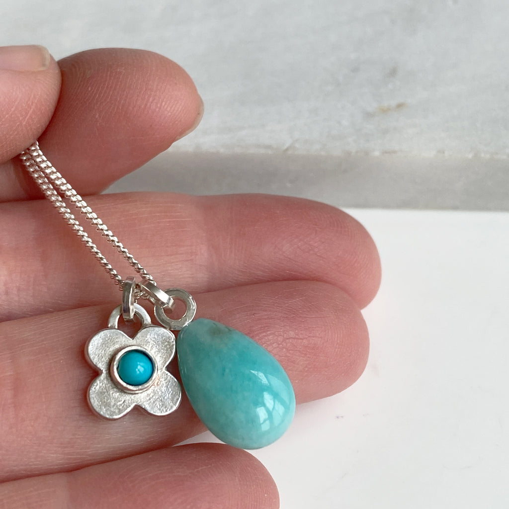 Clover Turquoise and Amazonite Silver Pendant