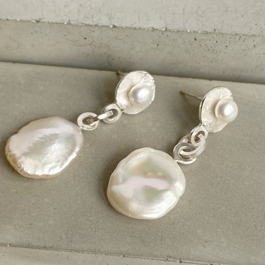 Pearl Molten Silver Drop Earrings