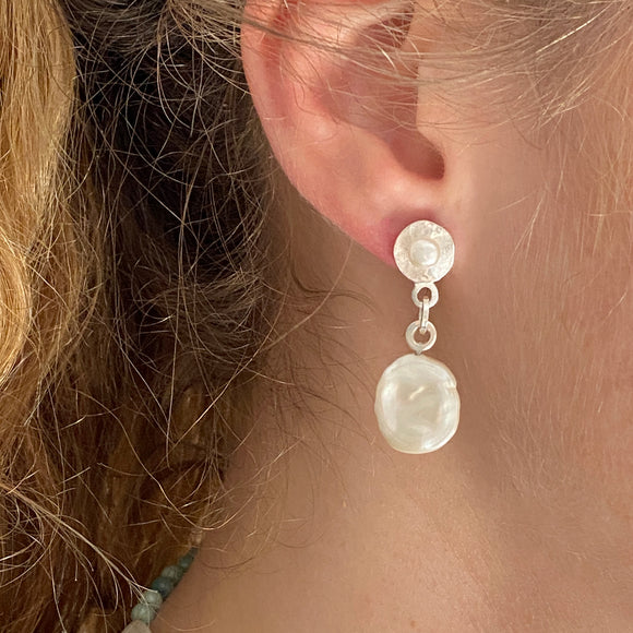Pearl Molten Silver Drop Earrings