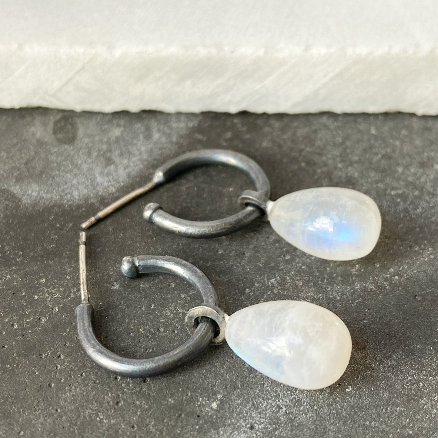 Rainbow Moonstone Hoops Oxidised Silver