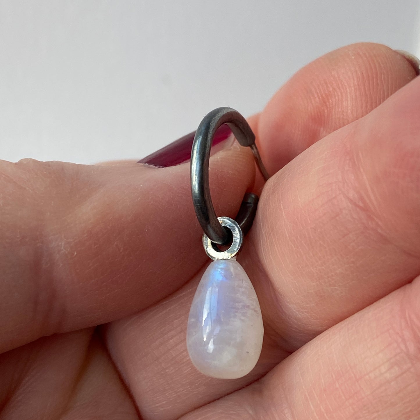 Rainbow Moonstone Hoops Oxidised Silver