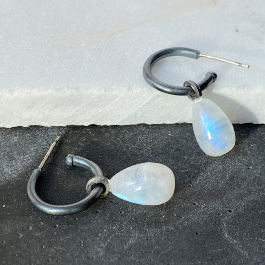 Rainbow Moonstone Hoops Oxidised Silver