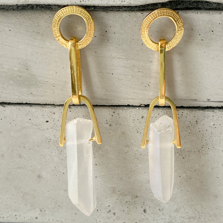 Quartz Crystal Drop Earrings Gold
