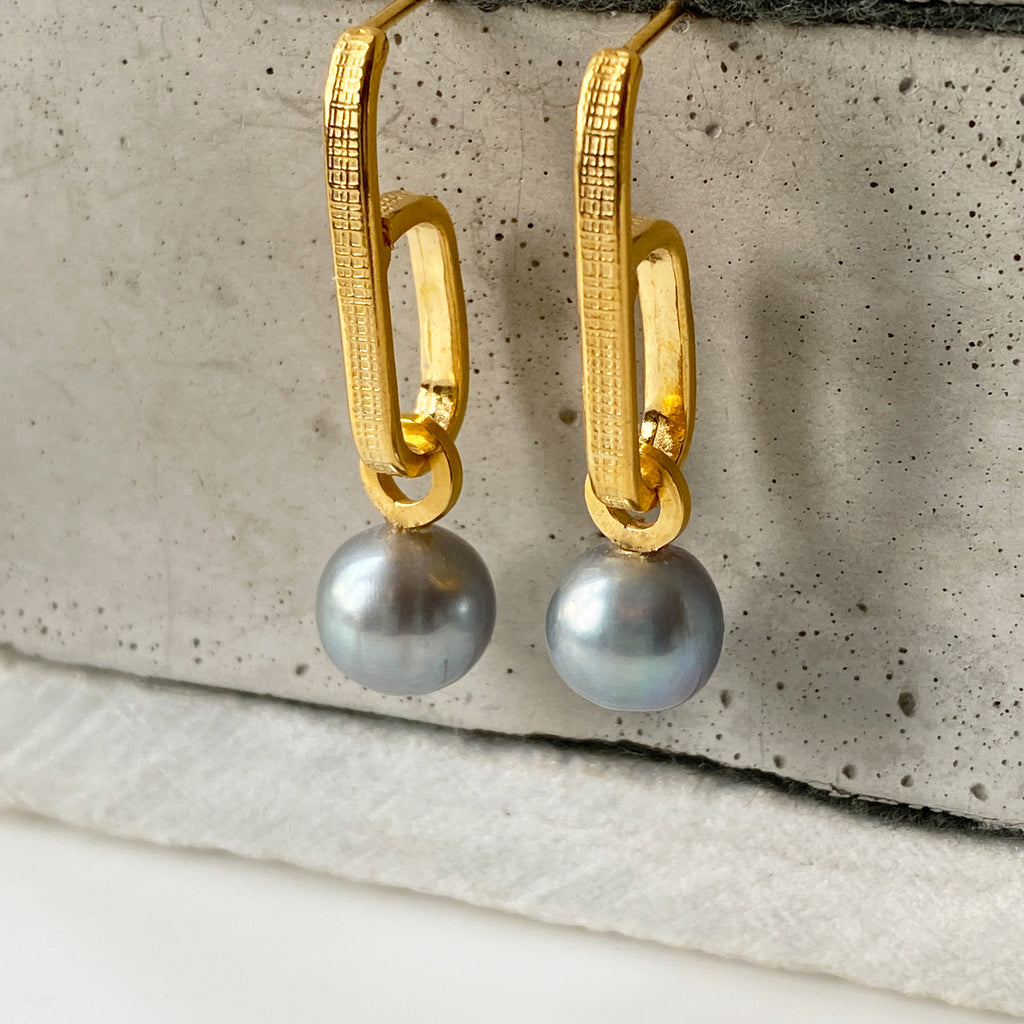 Grey Pearl Drop Hoop Gold Earrings