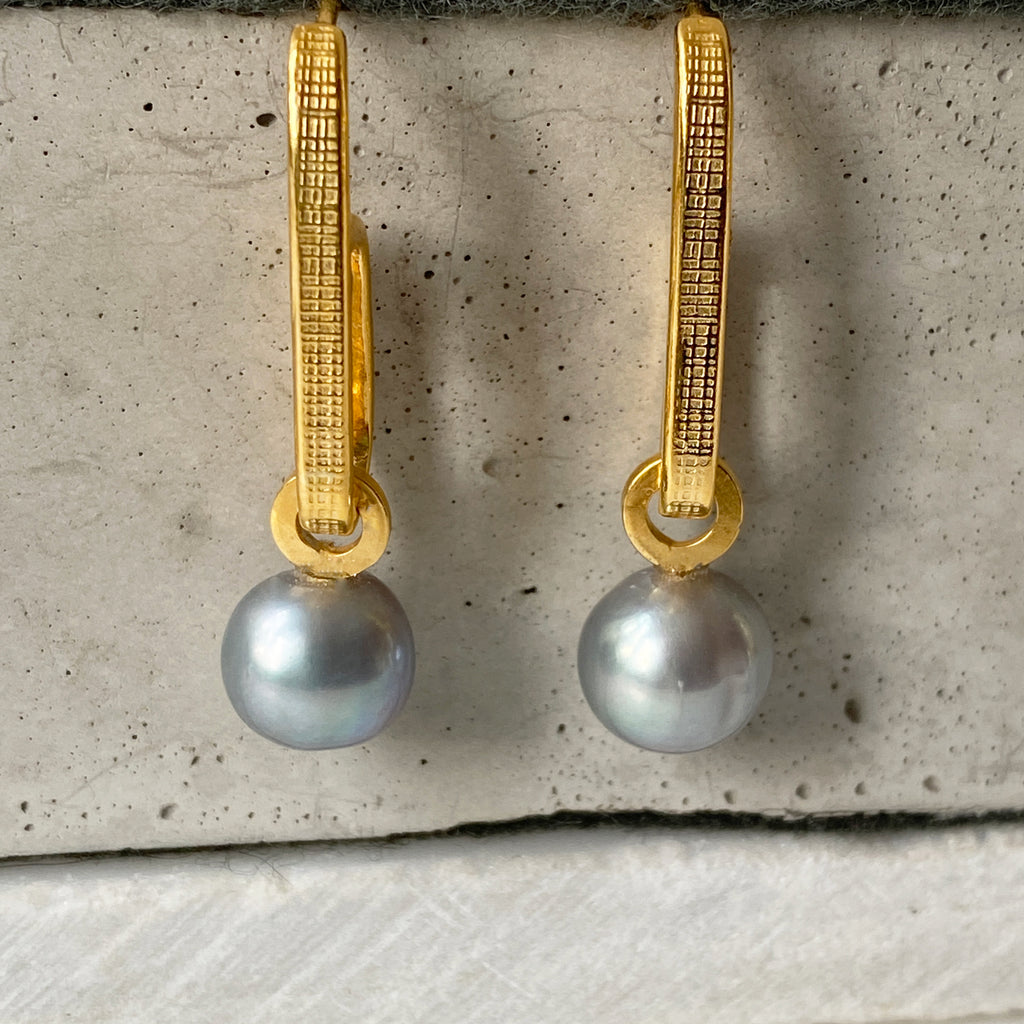 Grey Pearl Drop Hoop Gold Earrings